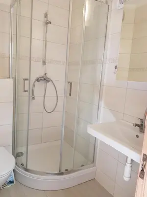 a bathroom with a shower and a sink at Rodante Apartments in Druskininkai