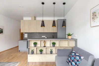 a living room with a couch and a kitchen at Cosy Central Apartments by Reside Baltic in Vilnius