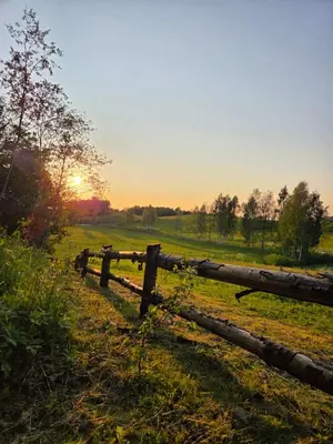 a wooden fence in a field with the sunset in the background at Terra Gratia - namukas Natūralistas in Nemeikšiai