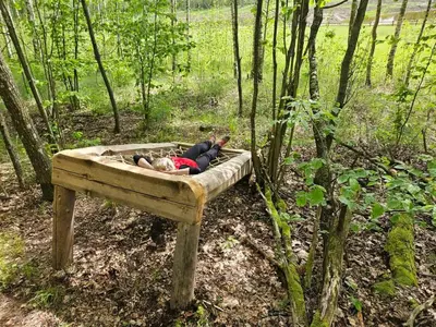 a person laying on a bed in the woods at Terra Gratia - namukas Natūralistas in Nemeikšiai