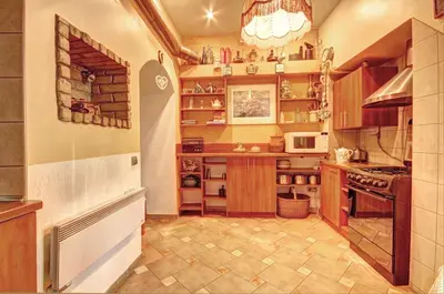 a large kitchen with wooden cabinets and a stove at Sofijos apartamentai Old Town in Vilnius