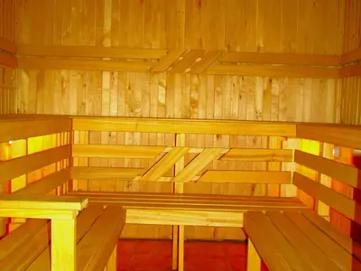 a wooden sauna with two wooden benches in it at Leon's farmstead in the countryside, Sauna and Jacuzzi for 16-23 people in Užuperkasis
