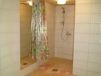 a bathroom with a shower with a shower curtain at Leon's farmstead in the countryside, Sauna and Jacuzzi for 16-23 people in Užuperkasis