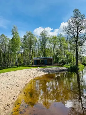 a house with a pond in front of it at Dubinga River Valley House & SPA - FREE sauna in Kabakelis