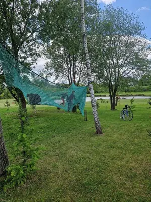 a net hanging from a tree in a park at Gardenvillage house in Daržininkai