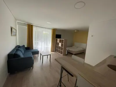 a living room with a couch and a table at PERLOS apartamentai 2a in Birštonas