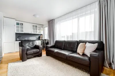a living room with a leather couch and a chair at Skroblu 39, cozy apartment in Vilnius