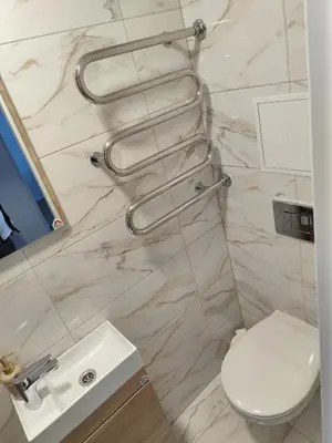 a bathroom with a white toilet and a sink at Itaja apartment 73 in Šiauliai