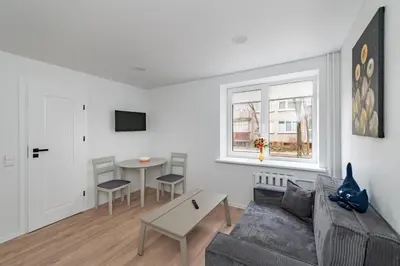 a living room with a couch and a table at Apartment Dandelion by Polo Apartments in Kaunas