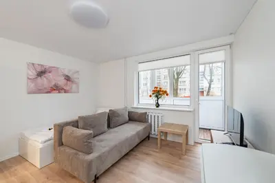 a living room with a couch and a window at Studio Apartment Flora by PoloApartments in Kaunas