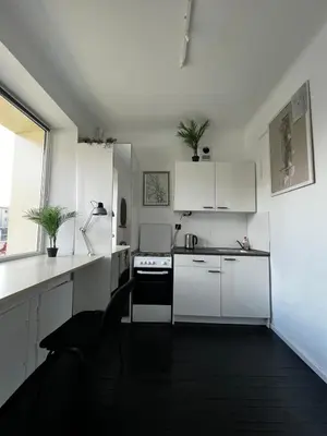 a kitchen with white cabinets and a black stove at Cosy little studio in Šiauliai