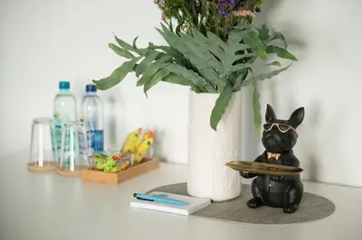 a cat figurine sitting on a shelf next to a vase at Vincent Heritage Appartments - Near Clinic, Arena and Stadium in Kaunas