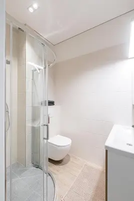 a bathroom with a shower and a toilet and a sink at City center studio, 24 in Vilnius