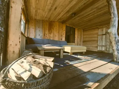 a log cabin with a couch and a table at Miško Pašvaistėje - poilsis gamtoje in Balneliškiai