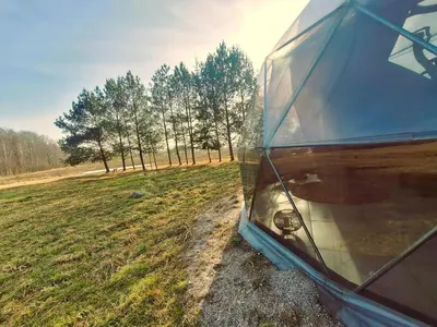 a view of the front end of a car in a field at Miško Pašvaistėje - poilsis gamtoje in Balneliškiai