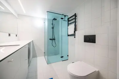 a bathroom with a toilet and a glass shower at Paupys Central Lofts by Reside Baltic in Vilnius