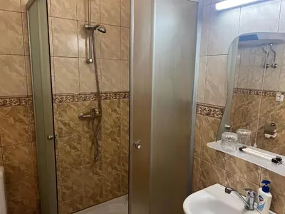 a bathroom with a shower and a sink at Ledainė in Naujasodis