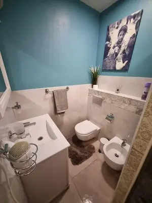 a bathroom with a white sink and a toilet at Sauna 5 bedrooms apartment in old town & Parking in Kaunas