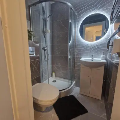 a bathroom with a shower and a toilet and a sink at Nauji centro apartamentai in Panevėžys