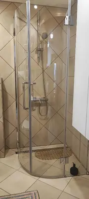 a glass shower with a toilet in a bathroom at Amber Apartament in Druskininkai
