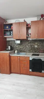 a kitchen with wooden cabinets and a stove top oven at Amber Apartament in Druskininkai