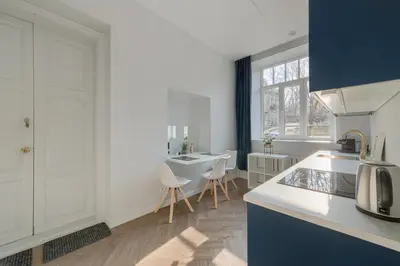 a kitchen with a sink and a counter top at Brand New Luxury Apartment, Parking, Center in Vilnius