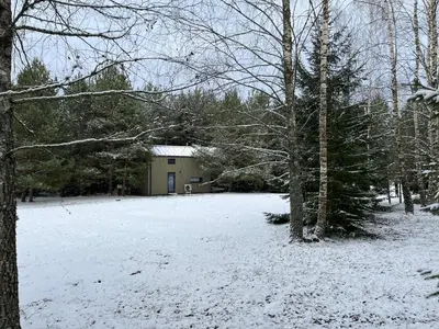 a house in a snow covered yard with trees at Gilužio sodyba in Girsteitiškis
