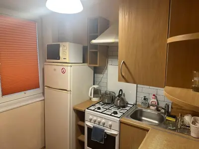 a small kitchen with a white refrigerator and a sink at Minties apartment in Vilnius
