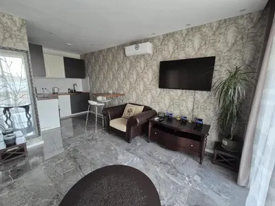 a living room with a couch and a television on a wall at Gilužio Apartments in Vilnius