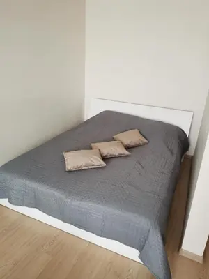 a bed in a white room with two pillows on it at Lauros 1 & R Apartamentai in Panevėžys
