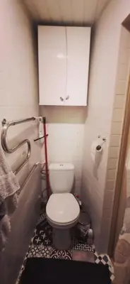 a small bathroom with a toilet with a cabinet at Lauros 1 & R Apartamentai in Panevėžys