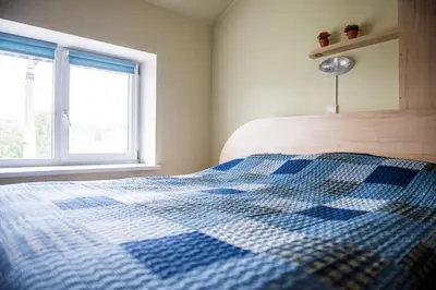 a blue and white checkered bed in a bedroom at Eiva in Marijampolė