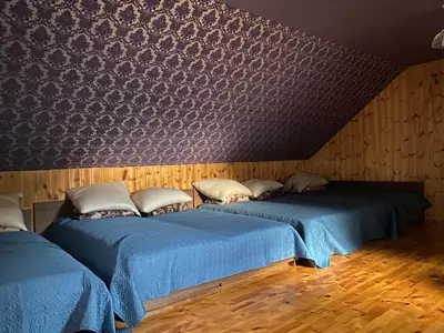 a bedroom with two beds with blue sheets and a wall at Dzūkų sodžius in Snaigupė