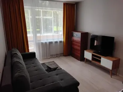 a living room with a couch and a tv at Svečių butas in Šiauliai