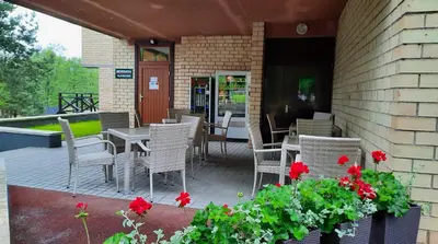 a patio with a table and chairs and red flowers at Kambarys Šiaurėje in Kaltanėnai