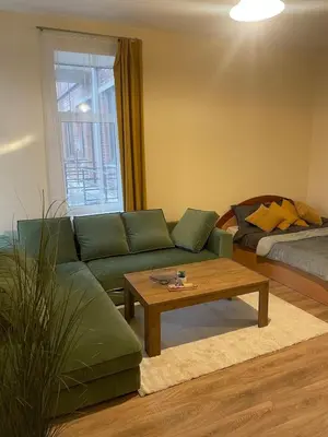a living room with a couch and a coffee table at MM Apartments in Kaunas