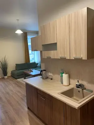 a kitchen with a sink and a living room at MM Apartments in Kaunas
