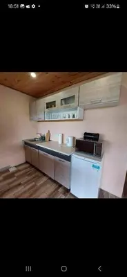 a small kitchen with a sink and a refrigerator at Gėlūnų sodyba in Gelunai