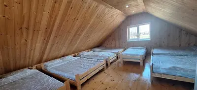 three beds in a wooden room with a window at Gėlūnų sodyba in Gelunai