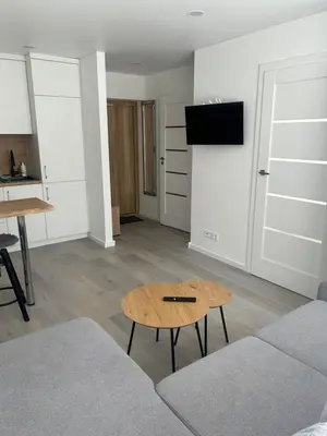 a living room with a couch and a table at AB Apartment in Marijampolė