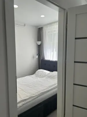 a bedroom with a bed and a mirror at AB Apartment in Marijampolė