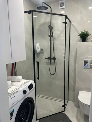 a shower in a bathroom with a washing machine at AB Apartment in Marijampolė