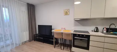 a kitchen with a counter and a stove top oven at Vita apartment in Vilnius