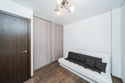 a living room with a couch and a wooden door at Erdvus triju kambariu butas, naujos statybos name in Kaunas