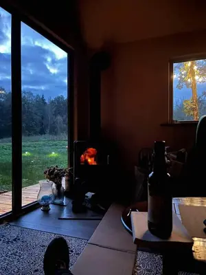 a room with a fireplace and a view of a field at Here & Now Tiny House in Sudvariškės
