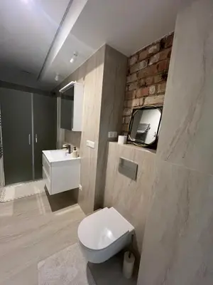 a bathroom with a toilet and a sink and a tv at Sigita in Šveicarija