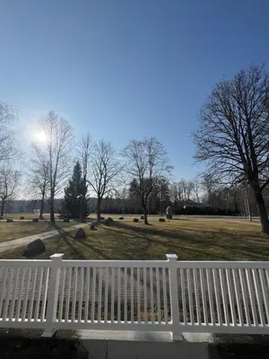 a white bench in front of a field with trees at Sigita in Šveicarija