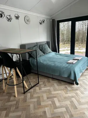a bedroom with a bed and a desk and a table at Spalvotas Beržas in Lyduokiai