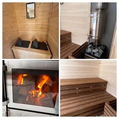 three pictures of a sauna with a fire in it at Spalvotas Beržas in Lyduokiai