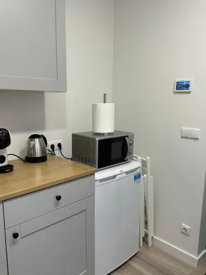 a kitchen with a microwave on top of a refrigerator at Užupio apartamentai Nemokamas parkingas in Vilnius